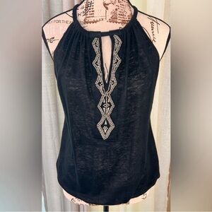 INC International Concepts 100% Linen Bubble Hem Black Jeweled Top Sz Petite Med